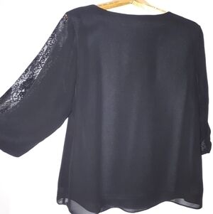 Cleo Petites Lace Trim Puff Sleeve Chiffon Tunic Blouse Black Women's Large